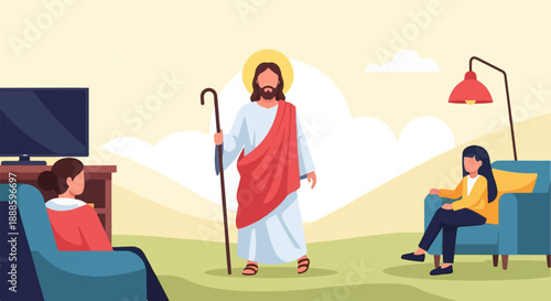 A serene scene with two people relaxing as Jesus appears holding a shepherd's crook