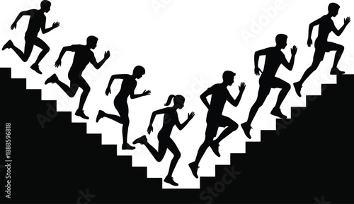 Dynamic silhouettes of multiple athletes running up and down black and white stairs in a challenging V shaped race