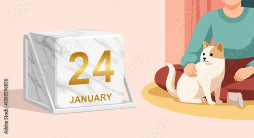 A person pets a white dog sitting on a cushion next to a marble calendar showing January 24
