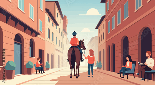 A person on horseback rides down a street next to onlookers