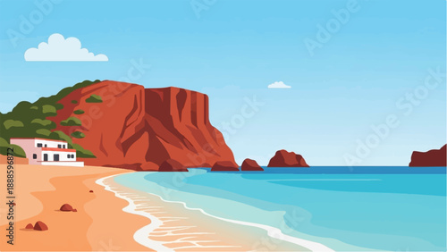 A minimalist seaside scene with a white building, orange cliffs, and clear blue water