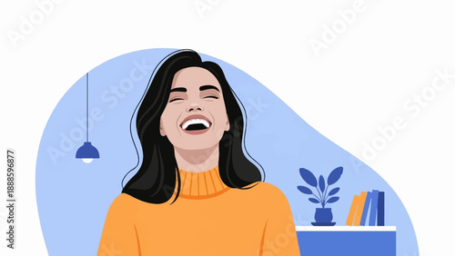 A person laughs heartily, enjoying a moment indoors with books and plants