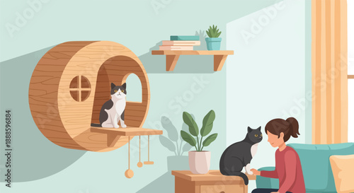 A person interacts with a cat near a window while another cat rests in a wooden wall-mounted cat tree