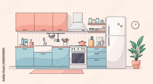 A minimalist kitchen illustration with light pink cabinets and blue drawers