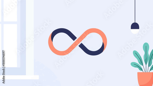 A minimalist indoor scene with an infinity symbol and potted plant