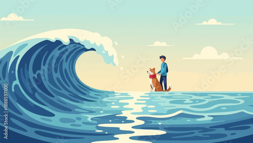 A person and dog stand on calm water, facing a massive, curling ocean wave