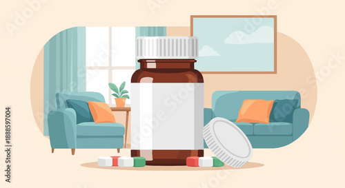 A medicine bottle sits in a cozy living room with two sofas and a plant