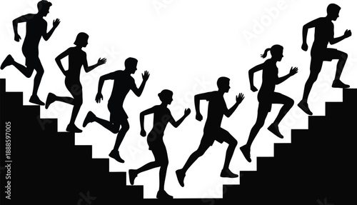 Energetic silhouettes of runners race up and down a series of steps in a striking black and white pattern