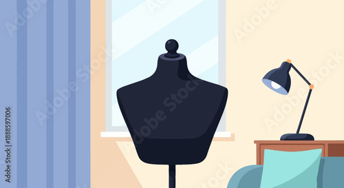 A mannequin stands in a room beside a window and a desk lamp