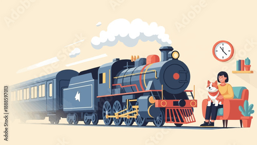 A person and dog sit on a couch by a steaming train