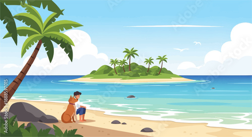A person and dog sit on a beach, looking at a distant tropical island
