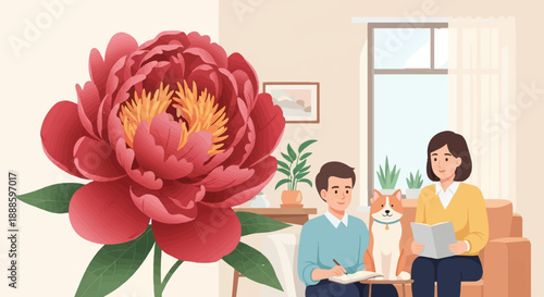 A man, woman, and dog relax indoors near a large pink peony flower