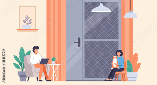 A man works on a laptop while a woman holds a dog, home interior scene