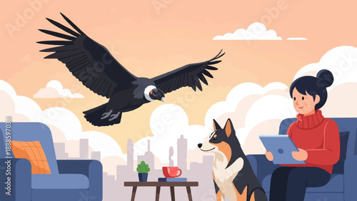 A person and dog relax indoors while a condor soars in the sky