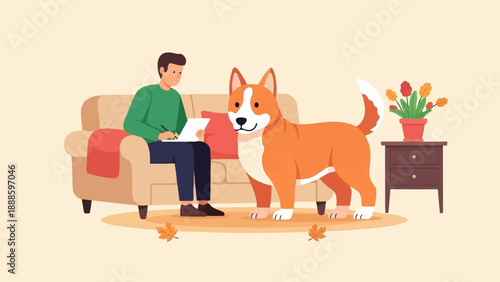 A man sits on a sofa writing, a dog stands nearby, and a plant sits on a table