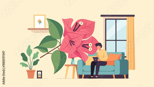 A man sits on a couch using a laptop next to flowers and plants indoors