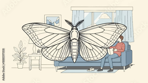 A man sits on a couch reading a book as a giant moth looms over him