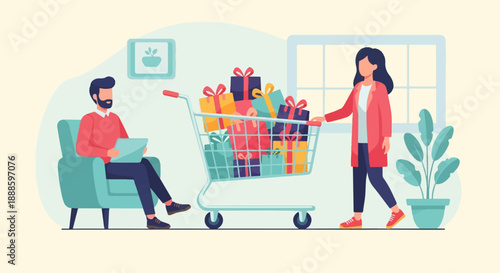 A man sits in a chair with a tablet, while a woman pushes a shopping cart full of gifts