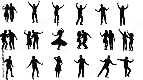 Dancing people silhouettes set, energetic party moves, happy celebration poses, men women dancing, nightlife music festival motion figures