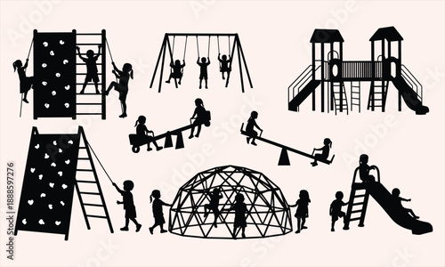 Children playground silhouettes set, kids playing outdoor equipment, swings slides climbing, happy childhood activities, park recreation vector illustration