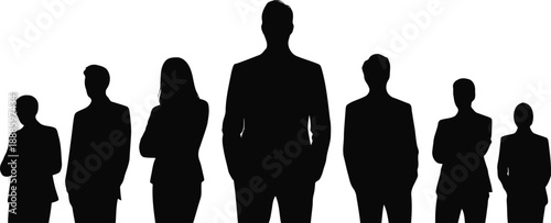 Seven diverse business people silhouettes stand together creating a powerful team portrait against a clear white background
