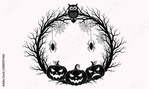 Halloween wreath illustration with pumpkins owl spiders webs, spooky gothic autumn decor, creepy silhouette frame, festive horror design vector artwork