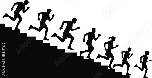 Silhouettes of eight runners, including two women, descending a diagonal flight of stairs with speed