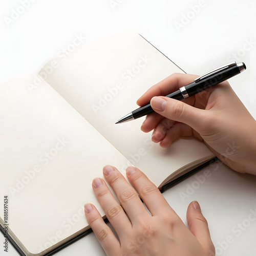 Hand Writing in Blank Notebook with Pen on White Background
