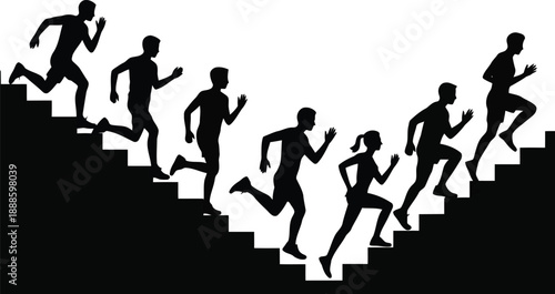 Silhouettes of several active individuals are seen running up and down an imposing set of black stairs
