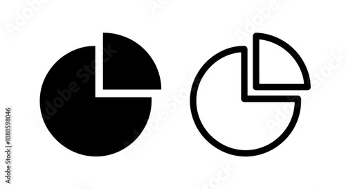 Black and white pie chart icons, graphic representation of data and statistics, simple flat design, isolated on white background.