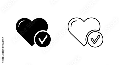 Solid black and outline heart icons with checkmark, symbolizing love, approval, favorites, and success, on white background.