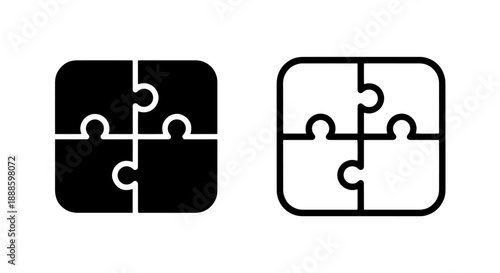 Black and white puzzle icons, representing connection, teamwork, problem-solving, and strategy, simple design.
