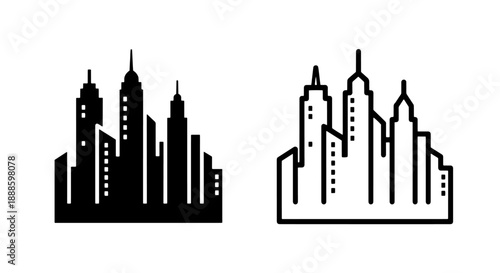 Urban city skyline in black silhouette and white outline, representing modern city life, business districts, and architecture.
