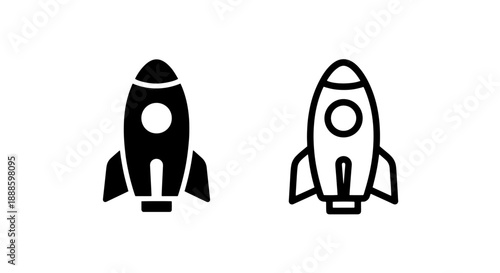 Black and white rocket ship icons, representing launch, startup, speed, and exploration, simple vector graphics.