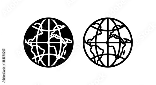 World map grid icons, solid black and outline, representing global networks and organization.