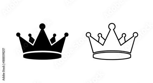 Royal crown icons, solid black and outline, representing royalty, power, and success.