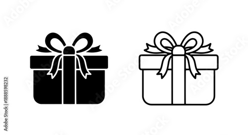 Gift box icons with ribbon, solid black and outline, symbolizing presents, surprises, and celebrations.