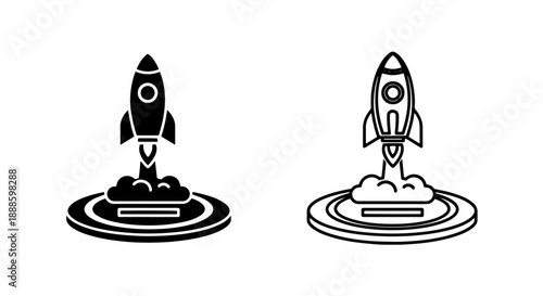 Set of two rocket launch icons, one solid black and one outline, representing blast off. Vector.