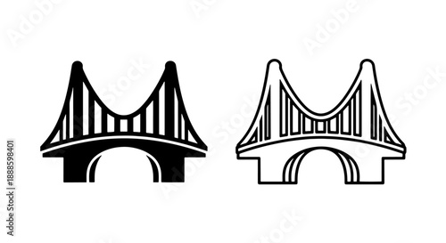 Two icons of a suspension bridge, one solid black and one outline, on white background. Vector.