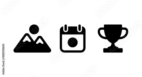 Icons of mount.ains, calendar, and trophy cup, symbolizing goals, planning, achievement, and success in endeavors