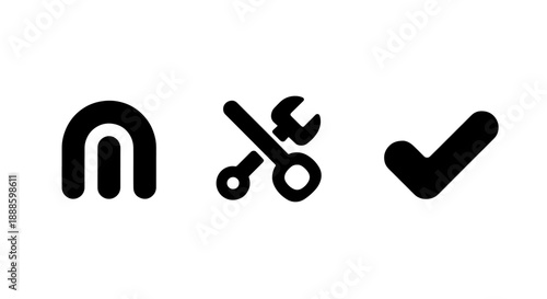 Icons for settings, tools, and checkmark, representing configuration, rep.air, and completion or success