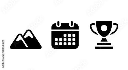Icons of mount.ains, calendar, and trophy cup, symbolizing goals, planning, achievement, and success in endeavors