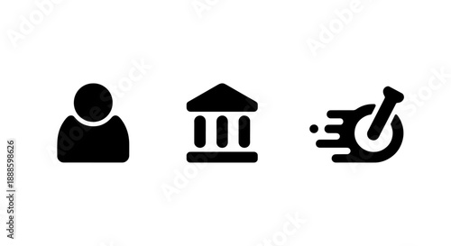 Icons representing person, bank, and fast forward symbol, signifying banking, personal finance, speed, and service