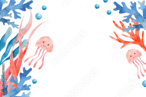 Watercolor ocean frame with seaweeds, coral and jellyfish. Underwater border red and blue colors, hand painted for summer tropical design.