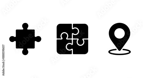 Icons of a four-piece puzzle, connected puzzle pieces, and a location pin, representing problem-solving, connection, and destination