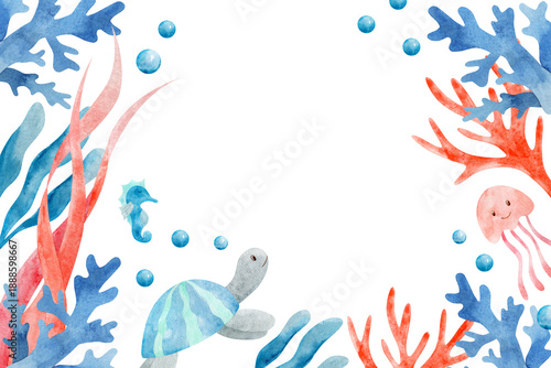 Watercolor ocean frame with seaweeds, coral and jellyfish, turtle. Underwater border hand painted for summer tropical design.