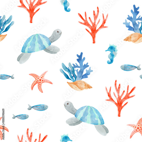 Watercolor seamless pattern with underwater world with sea turtles, seashells, fish, corals, seahorse and star.