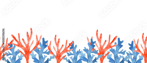 Watercolor seamless coral border. Hand drawn illustration of reef on isolated white background for greeting cards or invitations. Exotic marina flora.