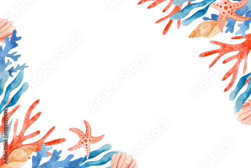 Watercolor tropical border frame with coral, seaweed; shells and starfish. Marina hand drawn illustration isolated on white background. Horizontal frame for print, card, banner, poster and invitation.