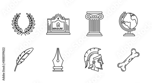 A collection of simple, black and white line art icons depicting historical and academic symbols like a laurel wreath, a building, a classical column, and a globe, suitable for design use.
